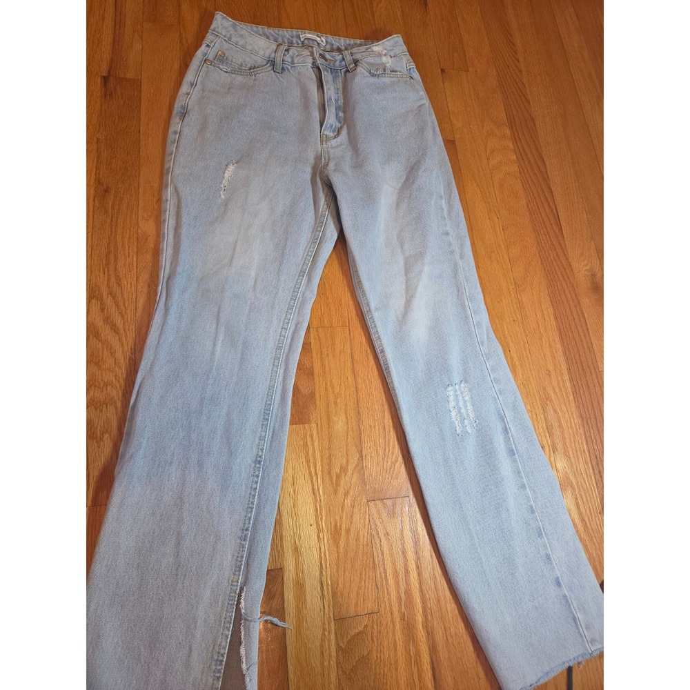 Avec Les Filles Light Wash Distressed Straight Leg Jeans Size 27 High Rise‎ Raw - Picture 3 of 12